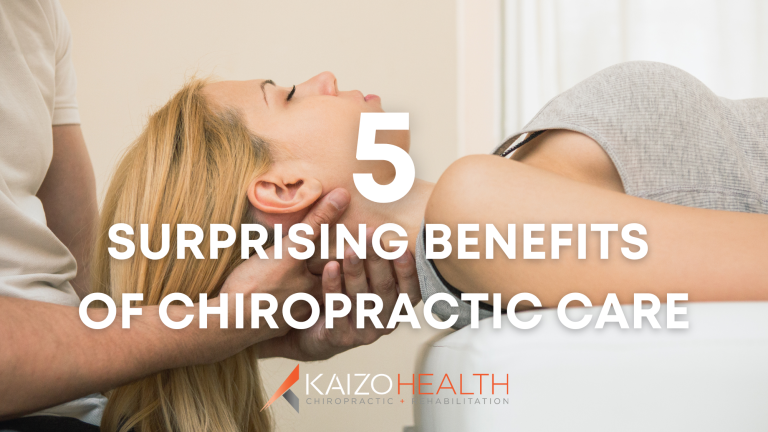 picture of woman getting chiropractic neck adjustment with title "5 surprising benefits of chiropractor care" on top with kaizo health logo